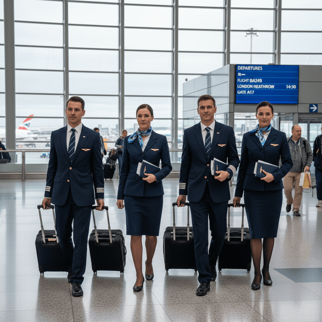 Airline professionals traveling with luggage at airport
